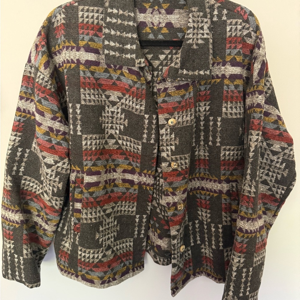 Women’s Aztec Button-Up Jacket in Charcoal with Multicolor Accents
